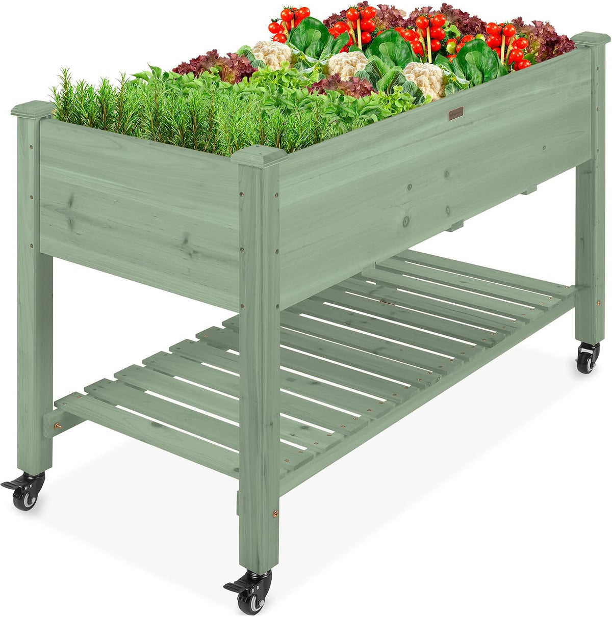 48x24x32-inch Mobile Elevated Wood Planter w/Lockable Wheels, Storage Shelf, Protective Liner - Sage
