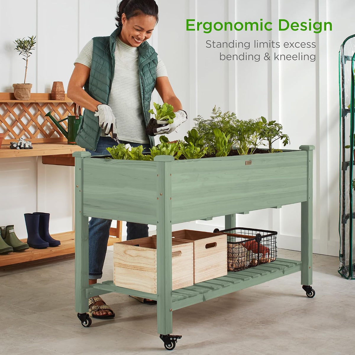 48x24x32-inch Mobile Elevated Wood Planter w/Lockable Wheels, Storage Shelf, Protective Liner - Sage