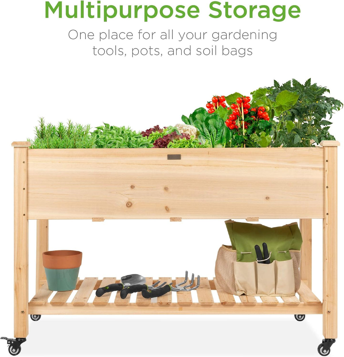 48x24x32-inch Mobile Elevated Wood Planter w/Lockable Wheels, Storage Shelf, Protective Liner - Natural
