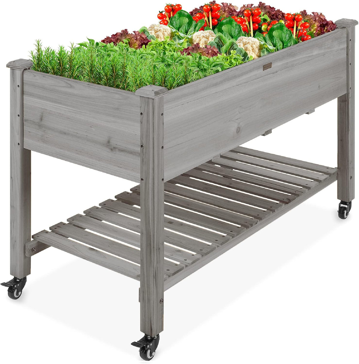 48x24x32-inch Mobile Elevated Wood Planter w/Lockable Wheels, Storage Shelf, Protective Liner - Natural