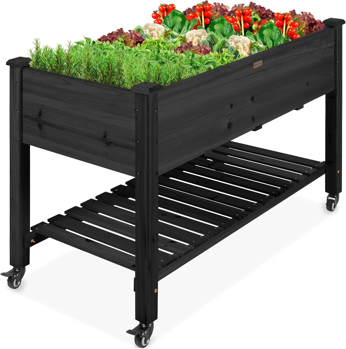 48x24x32-inch Mobile Elevated Wood Planter w/Lockable Wheels, Storage Shelf, Protective Liner - Sage