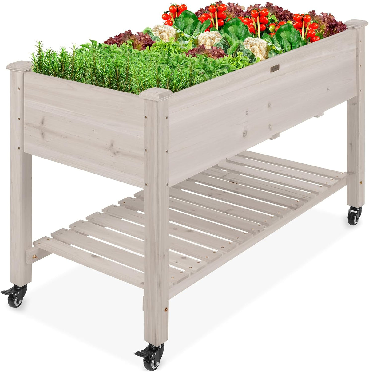 48x24x32-inch Mobile Elevated Wood Planter w/Lockable Wheels, Storage Shelf, Protective Liner - Sage