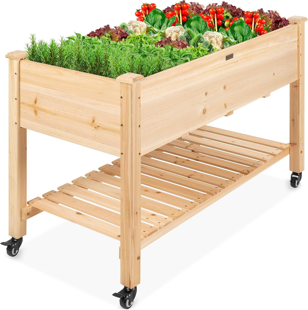 48x24x32-inch Mobile Elevated Wood Planter w/Lockable Wheels, Storage Shelf, Protective Liner - Sage