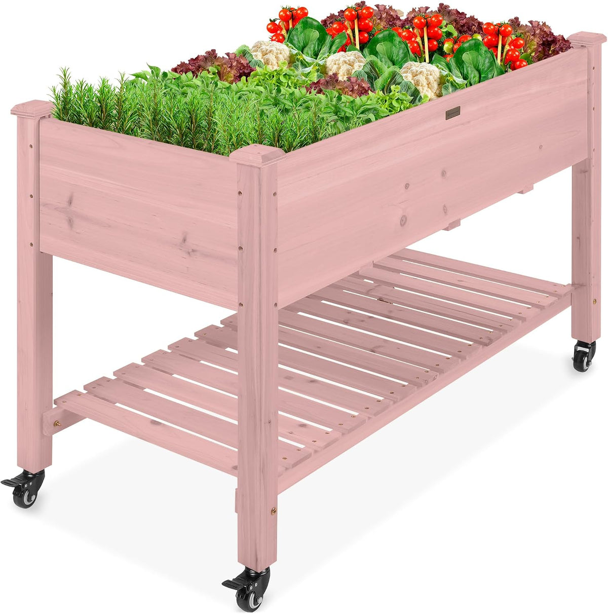 48x24x32-inch Mobile Elevated Wood Planter w/Lockable Wheels, Storage Shelf, Protective Liner - White