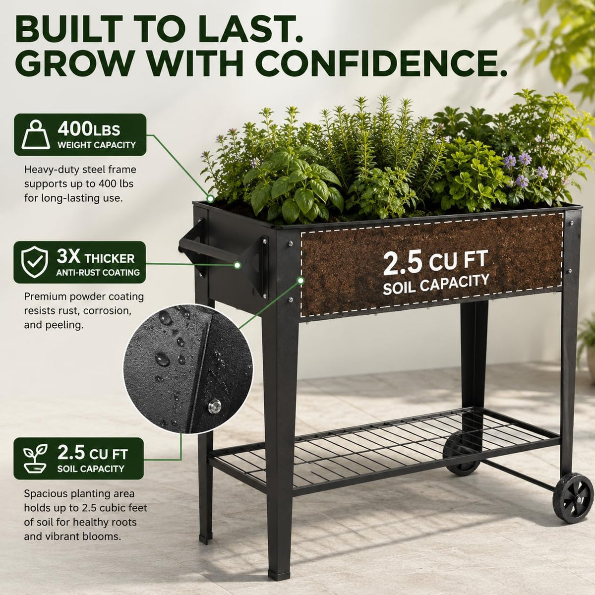 31.6-Inch Elevated Raised Garden Bed with Wheels and Storage Shelf