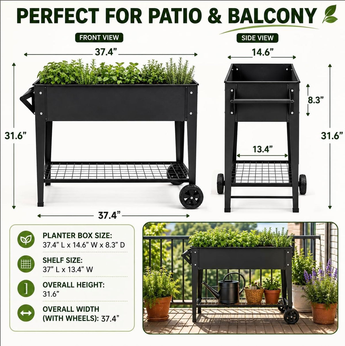 31.6-Inch Elevated Raised Garden Bed with Wheels and Storage Shelf