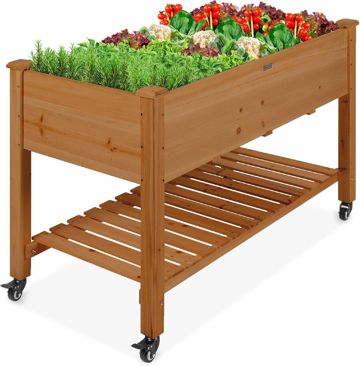 48x24x32-inch Mobile Elevated Wood Planter w/Lockable Wheels, Storage Shelf, Protective Liner - White